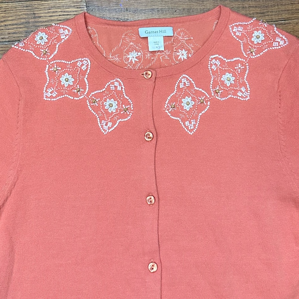 Garnet Hill Size Small Hand Beaded Embellished Floral Orange Cardigan Sweater - Picture 4 of 13